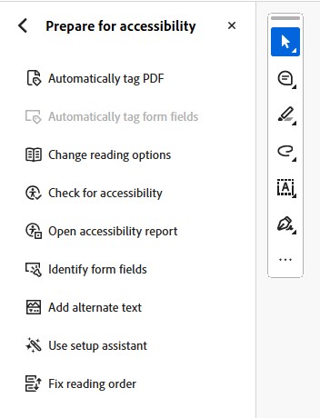 Accessiblity checker options from Adobe Acrobat.  Click on Prepare for accessiblity from the tool bar to open this menu.