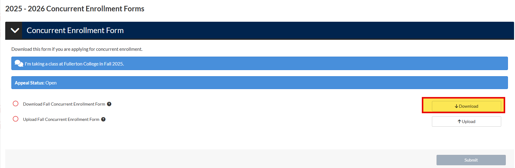 Screenshop of download option