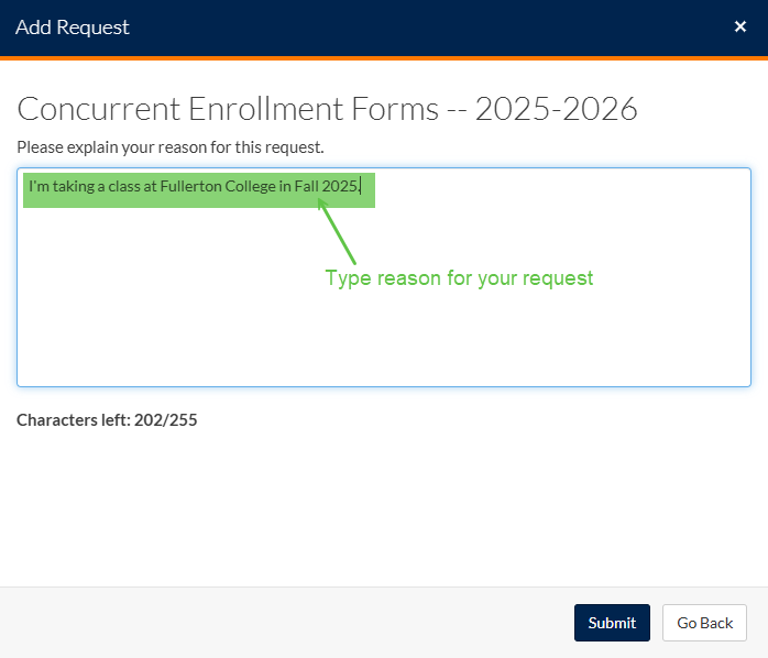 screenshot of example reason