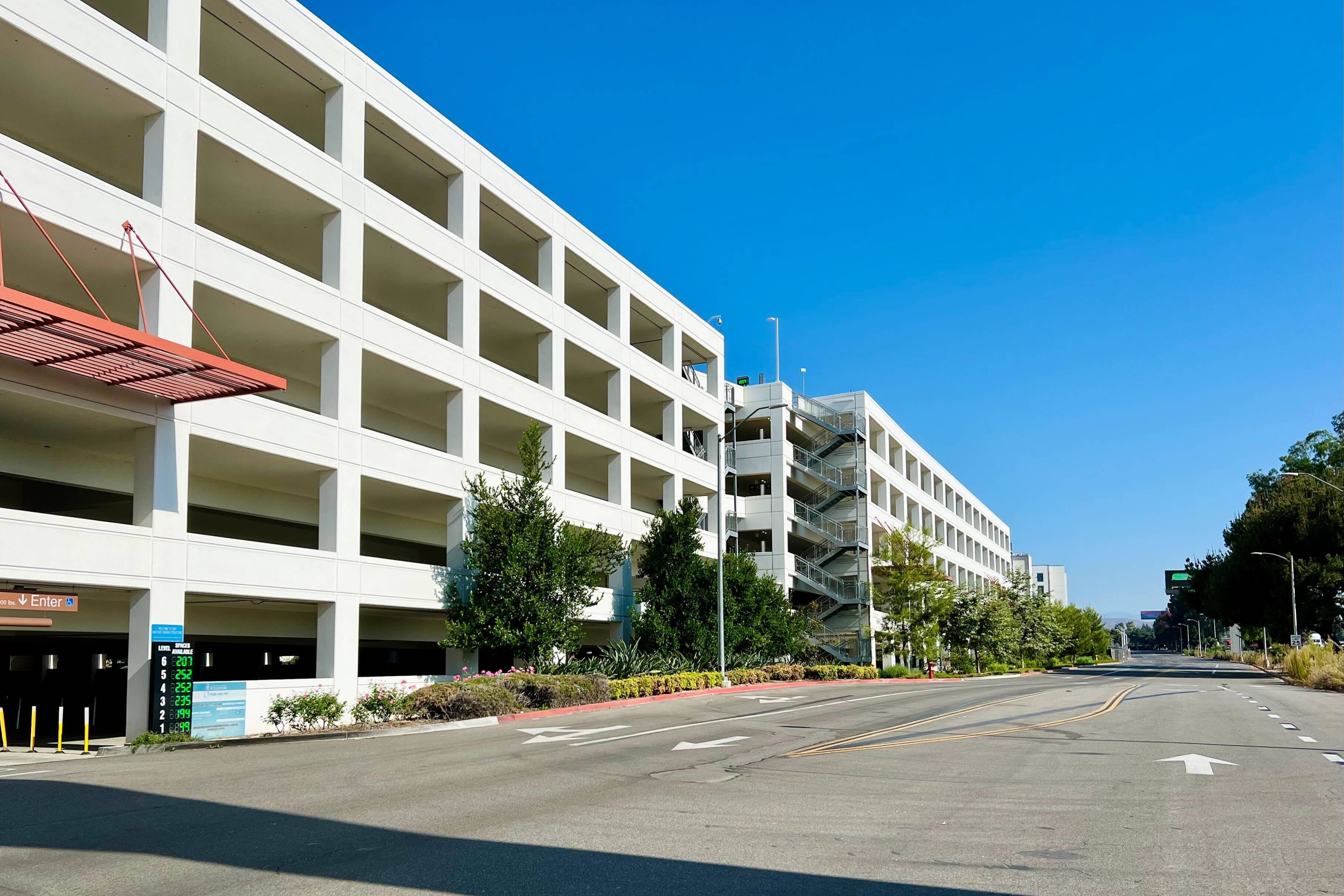 Two parking structures with entrance shown