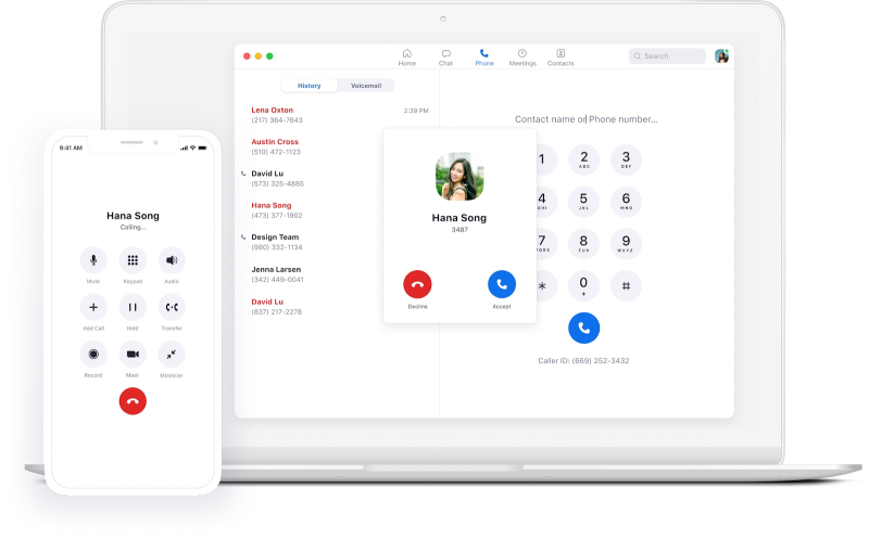 zoom phone user interface.  Showing phone and laptop displays