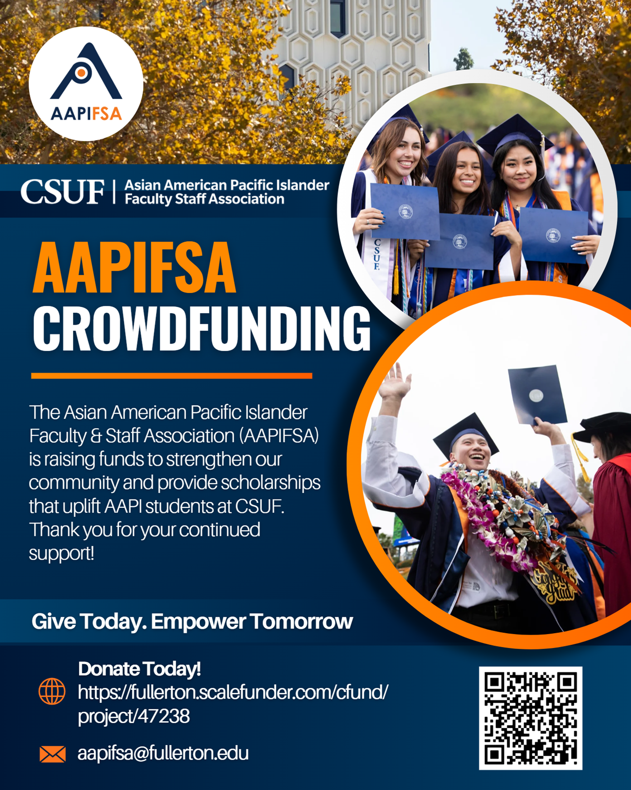 AAPIFSA crowdfunding flyer with CSUF logos, graduate photos, and donation details.