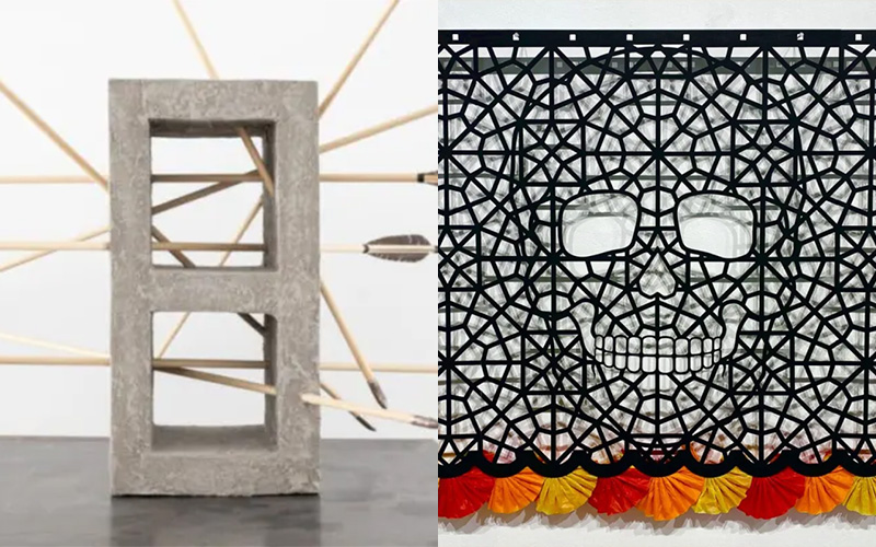 Cement block with arrows, papel picado with skull