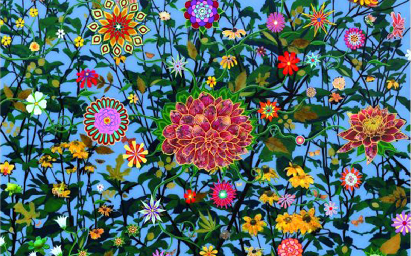 Colorful flowers on a blue background.