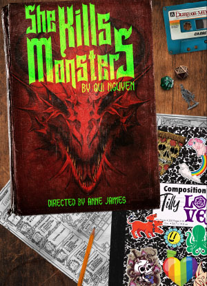 Book cover with monster, notebook, pencil
