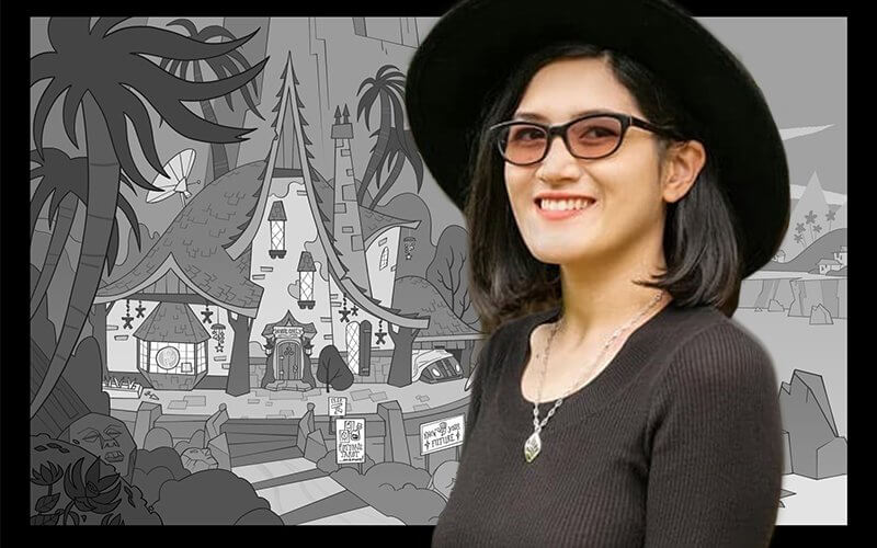 Woman in a hat and glasses in front of a black and white digital illustration.