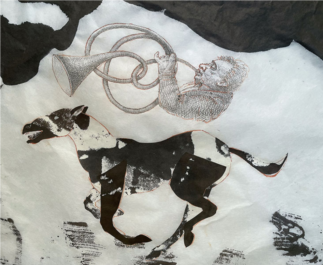 Ink drawing of a galloping horse with a man playing an instrument.