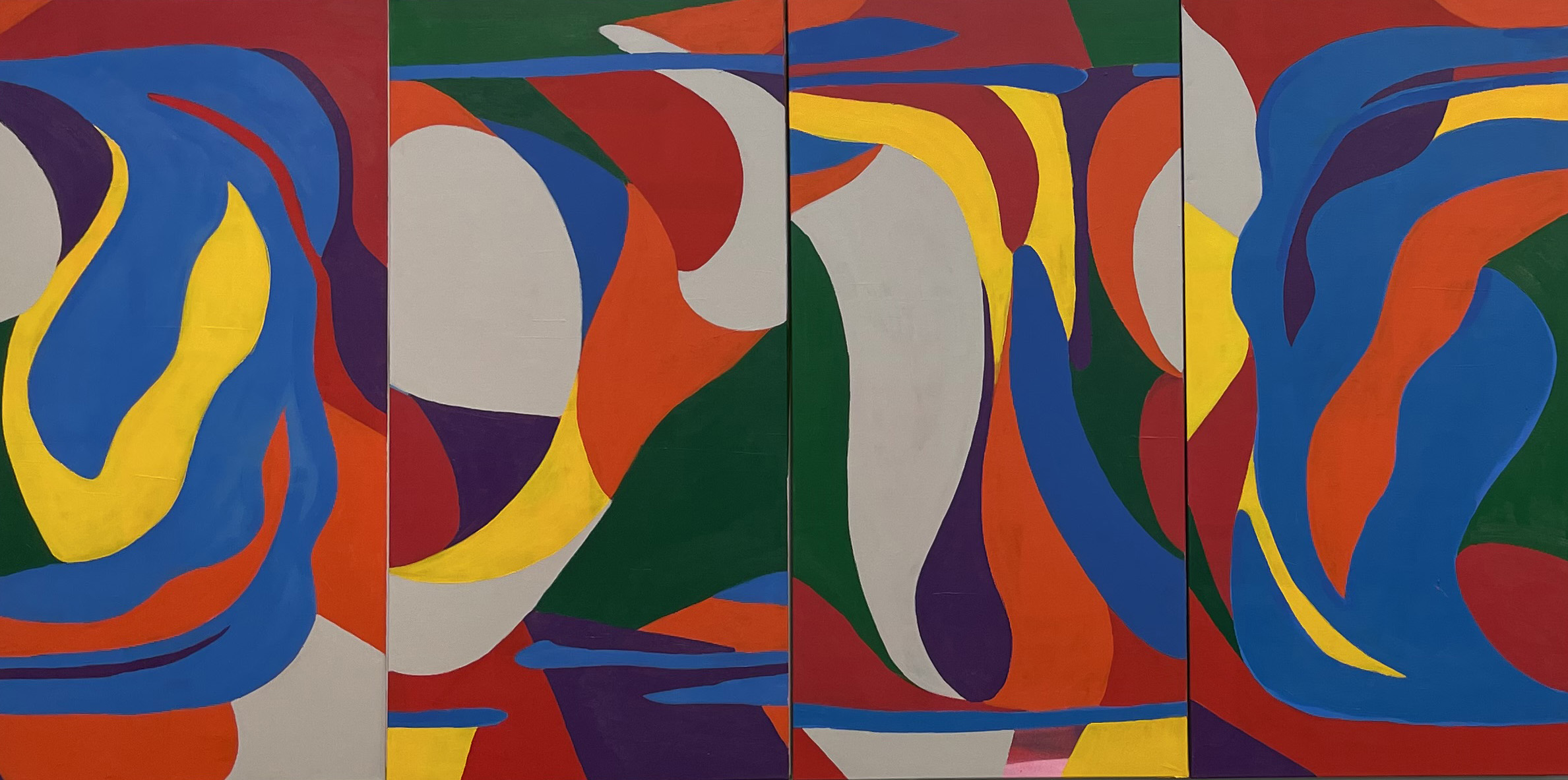 Colorful abstract forms painted on shaped canvases.