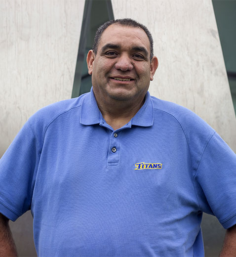 Marco G. at Cal State Fullerton Marco G. wearing a light blue Titans shirt