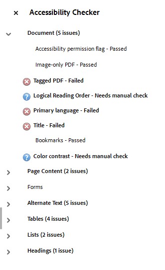 example of a file accessiblity report.  This has several categories which can be expanded to show failures and warnings.