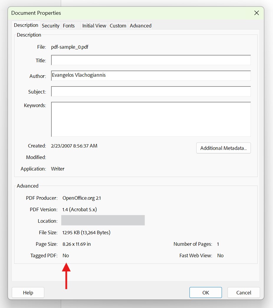 document properties box with red arrow indicating the file has no tagging
