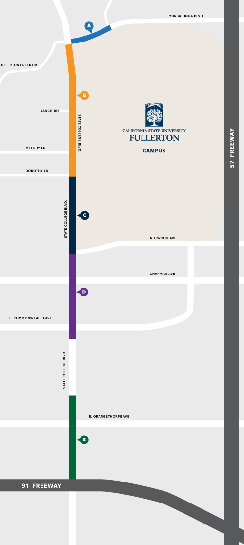 Map of closures along State College Blvd and Yorba Linda Blvd
