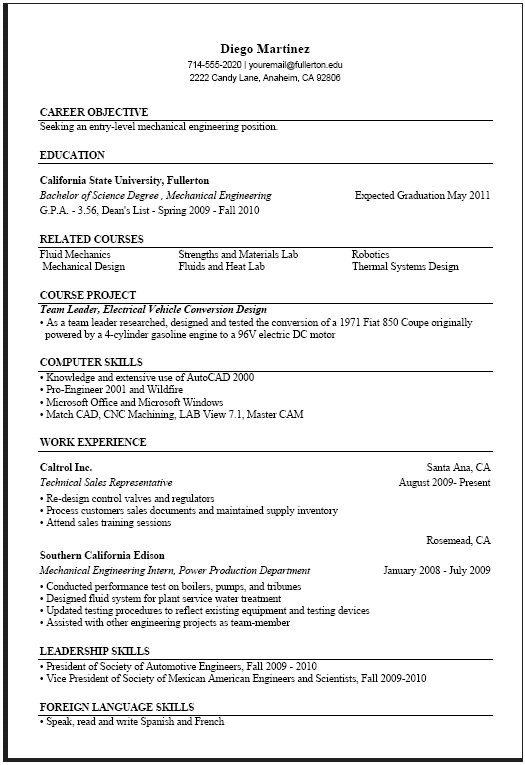 Sample resume for engg