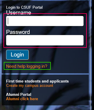 portal login page with username and password inputs