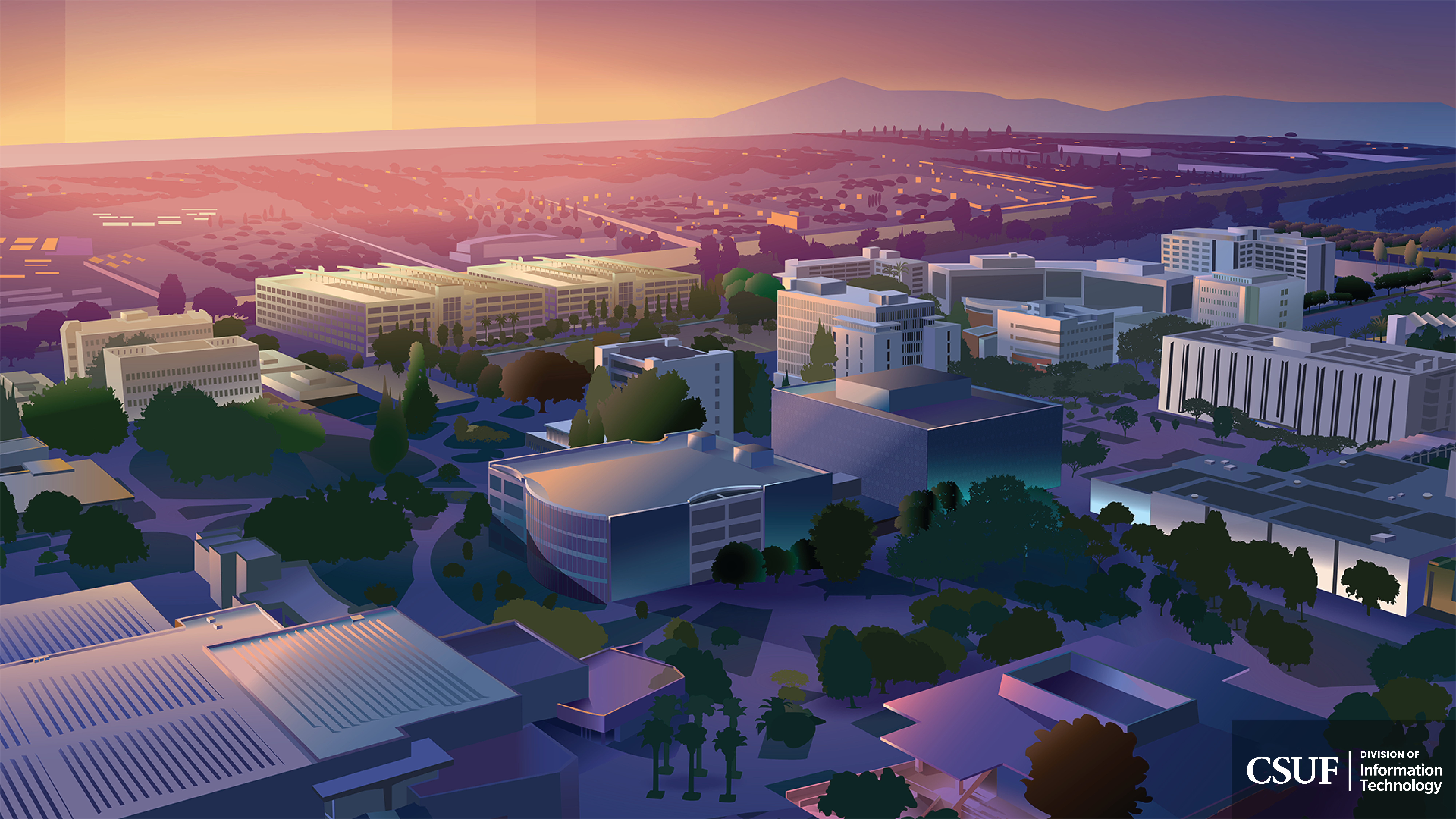 Vector drawing of an upshot of CSUF campus
