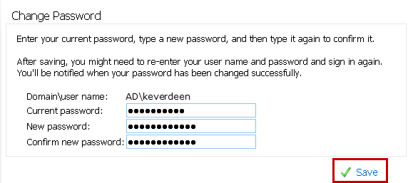 Change Password screen with old and new passwords entered and Save button highlighted