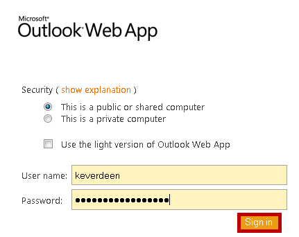 Outlook Web App login page with username/password populated and Sign In button highlighted