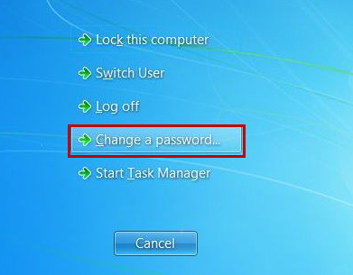 Windows 7 Lock screen with Change a Password option highlighted