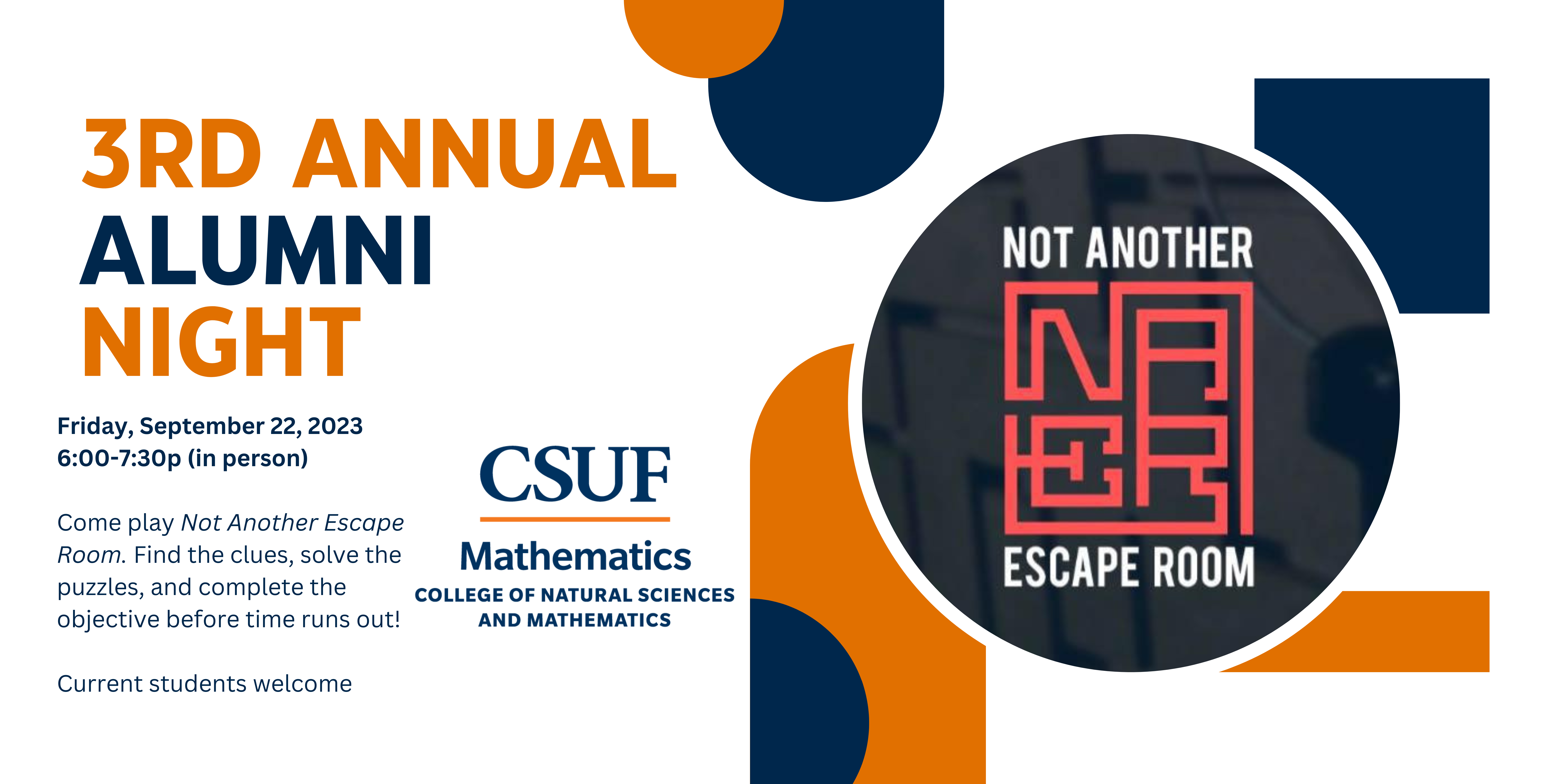 Banner descripting upcoming Alumni event on Friday Sept 22 2023 from 6-7:30p showing Not Another Escape Room logo and Math Department logo.