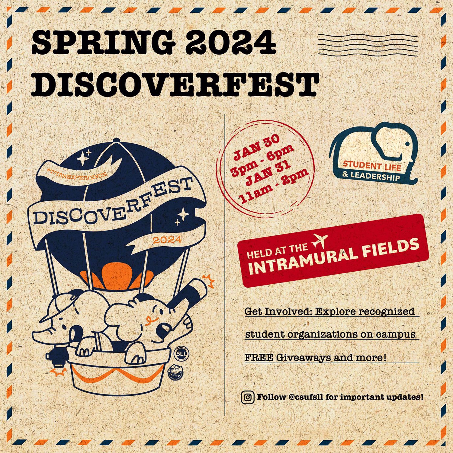 Spring 2024 Discoverfest graphic. This event is on January 30th from 3 PM to 6 PM and January 31st from 11 AM to 2 PM on the Intramural Fields. Get involed and explore recognized student organizations on campus. There will be free giveaways and more!