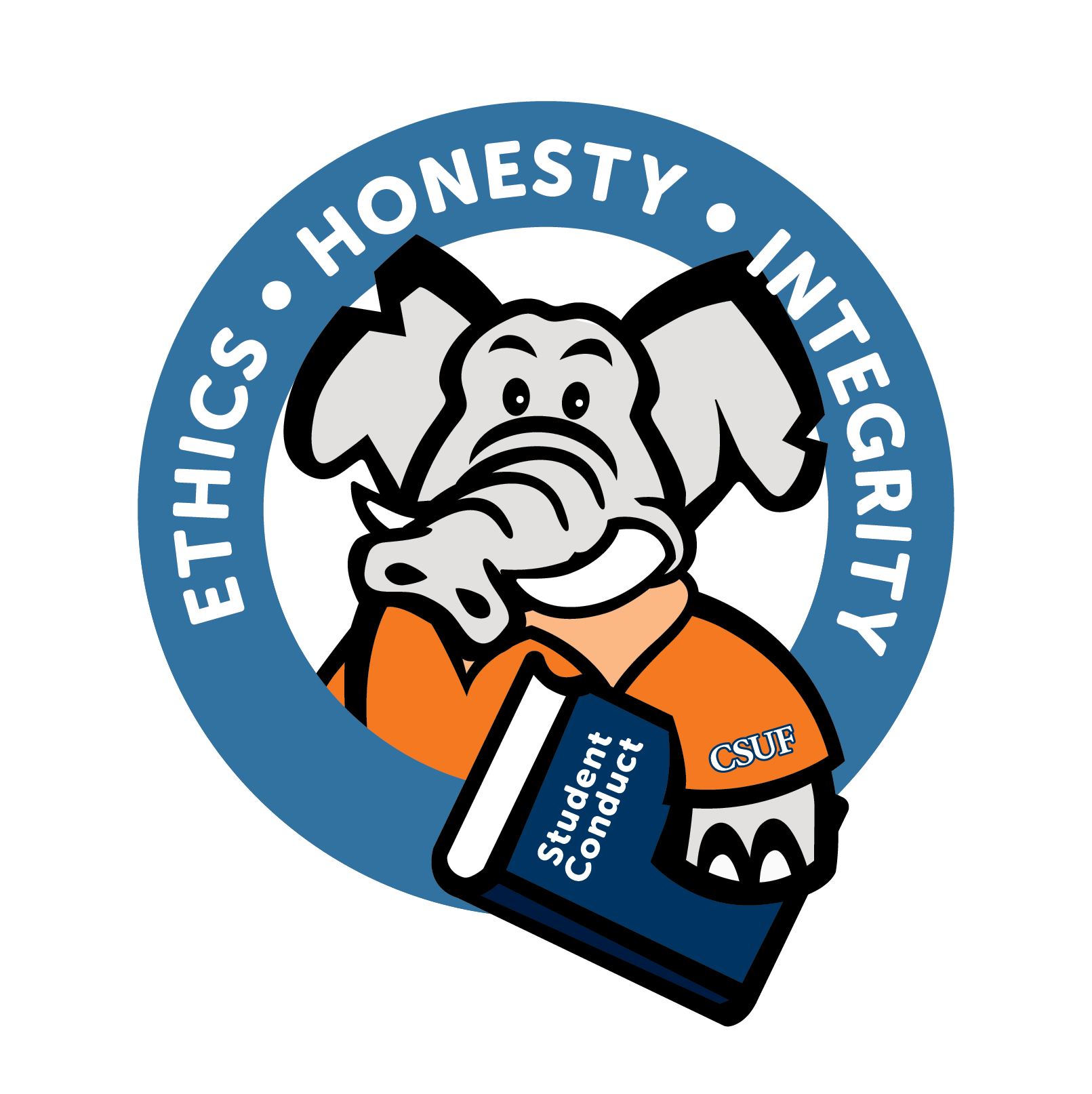 Image of Tuffy holding a Student Conduct book with the workds Ethics, Honesty and Integrity written above Tuffy