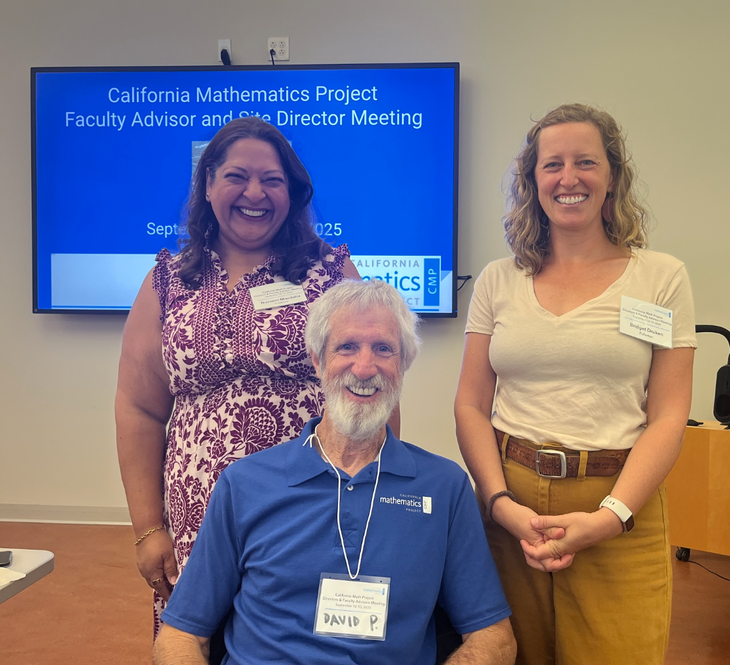 David Pagni, Naseem Mandalia, and Bridget Druken pose for leaderhip photo for Fullerton Math Project