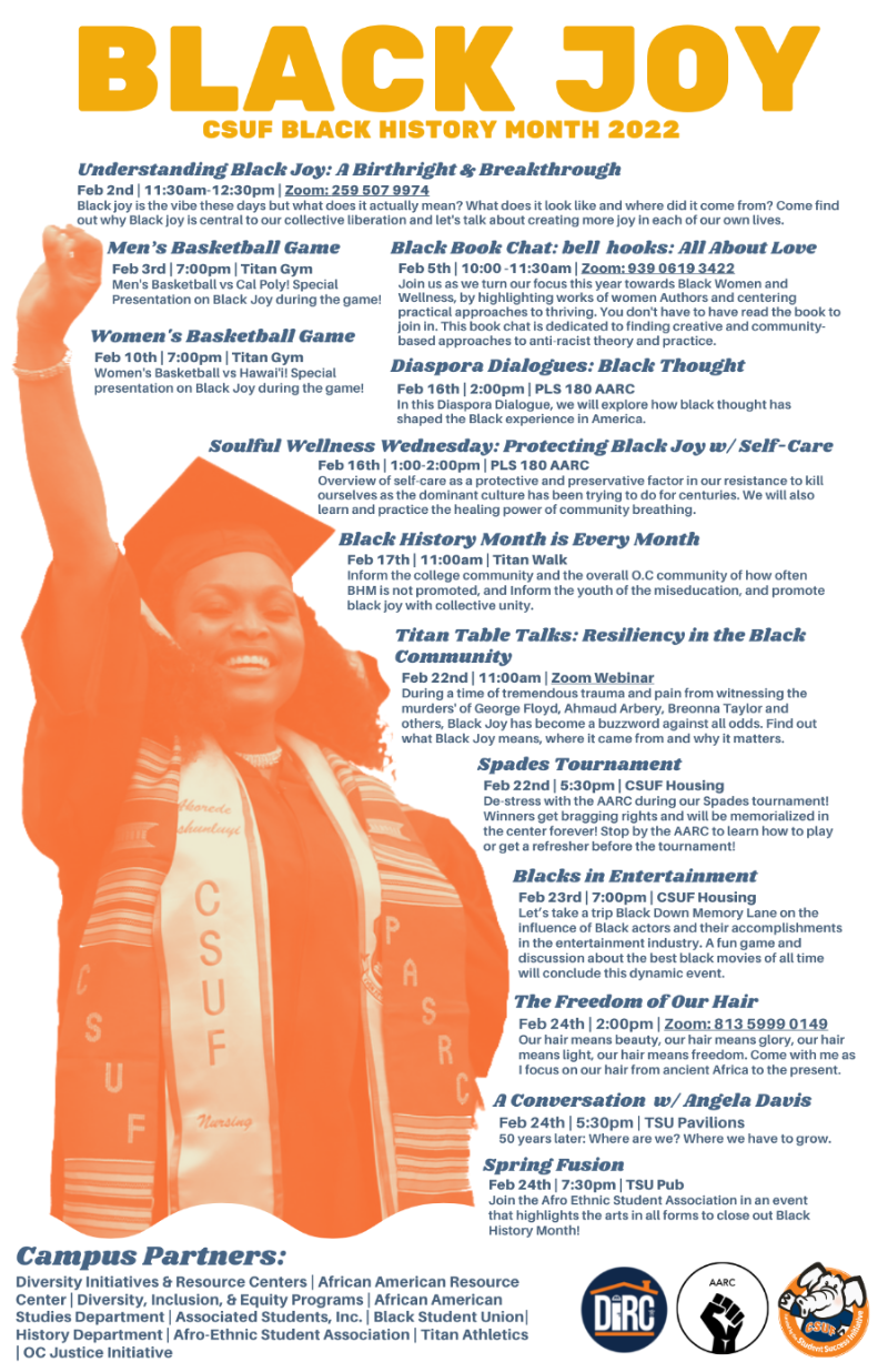 black woman with her first held up with the words black joy in bold above