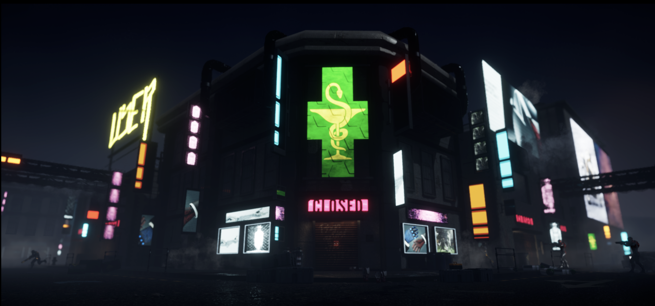 Futuristic city corner with neon signs
