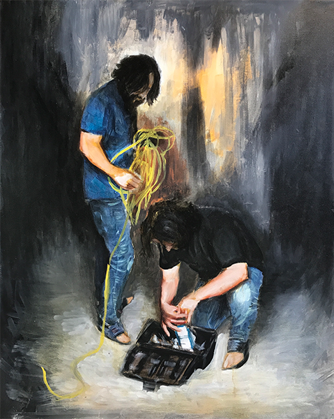 Two people with electrical equipment on abstract backgroud