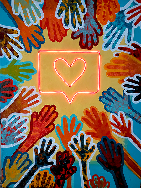 Multiple hands reaching toward a neon heart