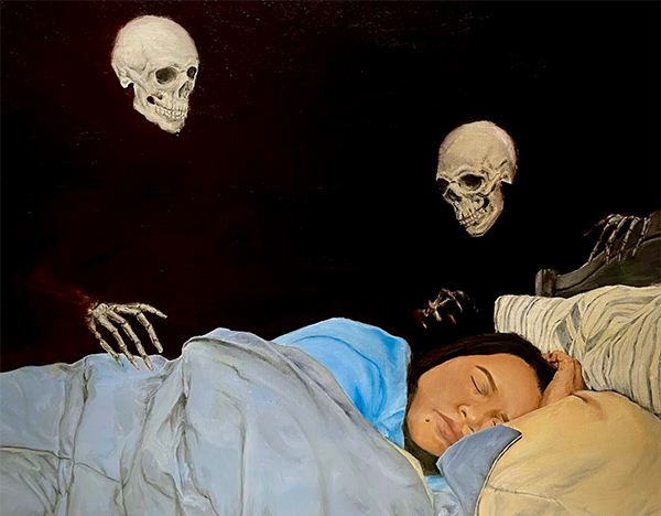 Two skeletons viewing sleeping woman