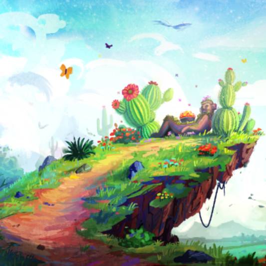 Cliff with green grass and flowers