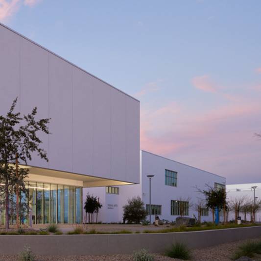 Modern building at dusk.