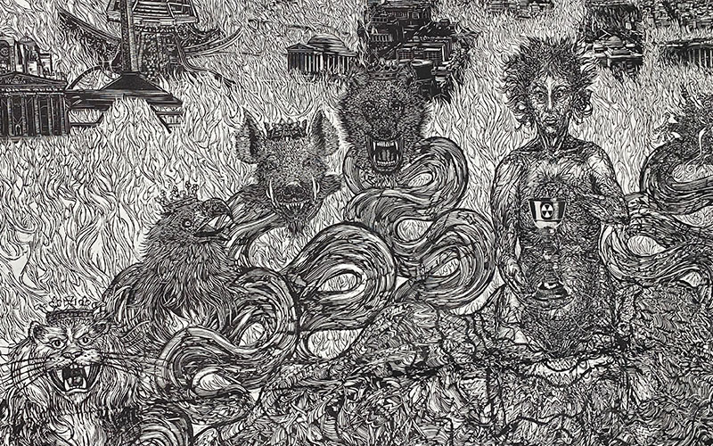 Detailed woddcut print of a woman with serpentine creatures.