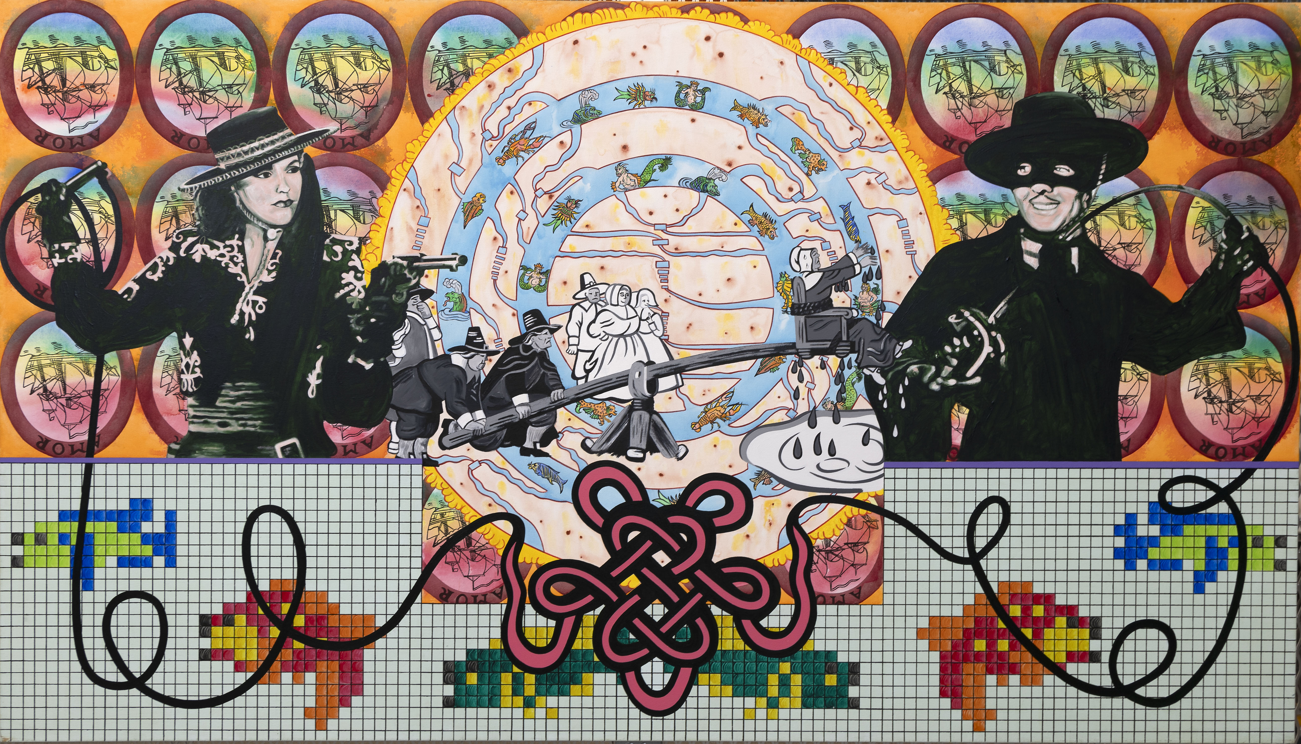Mixed media on canvas with  man and woman in Western costumes