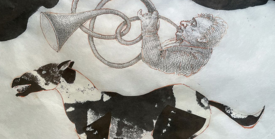 Ink drawing of a galloping horse with a man playing an instrument.