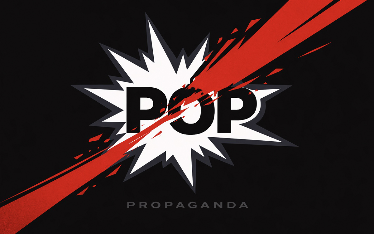 Burst of white and red on a black backround with the words Pop Propaganda.