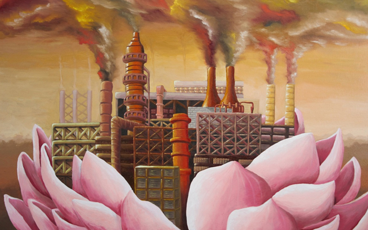 Industrial factory set inside the petals of a flower