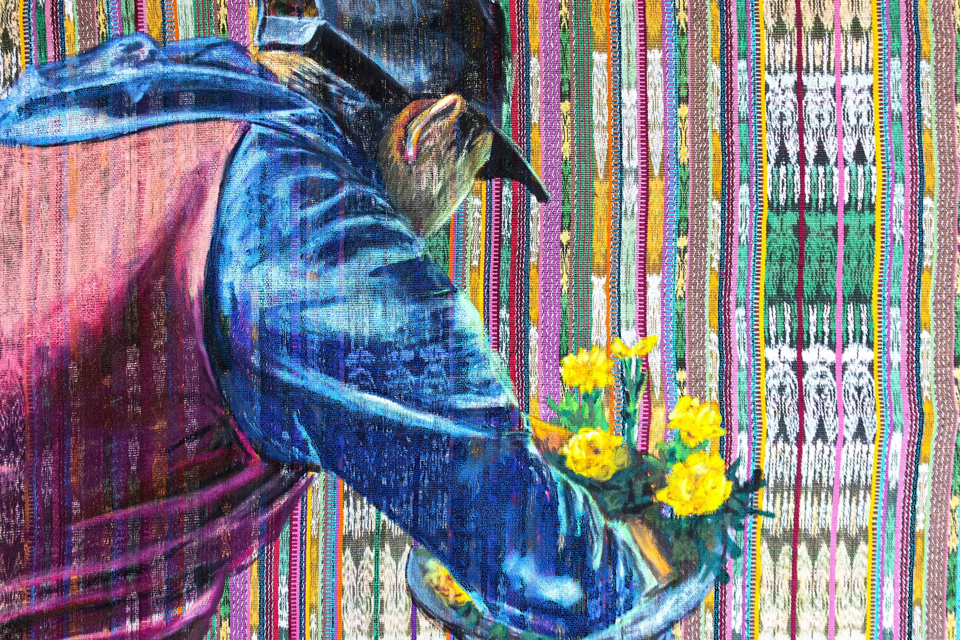 Back and arm of a person holding flowers.