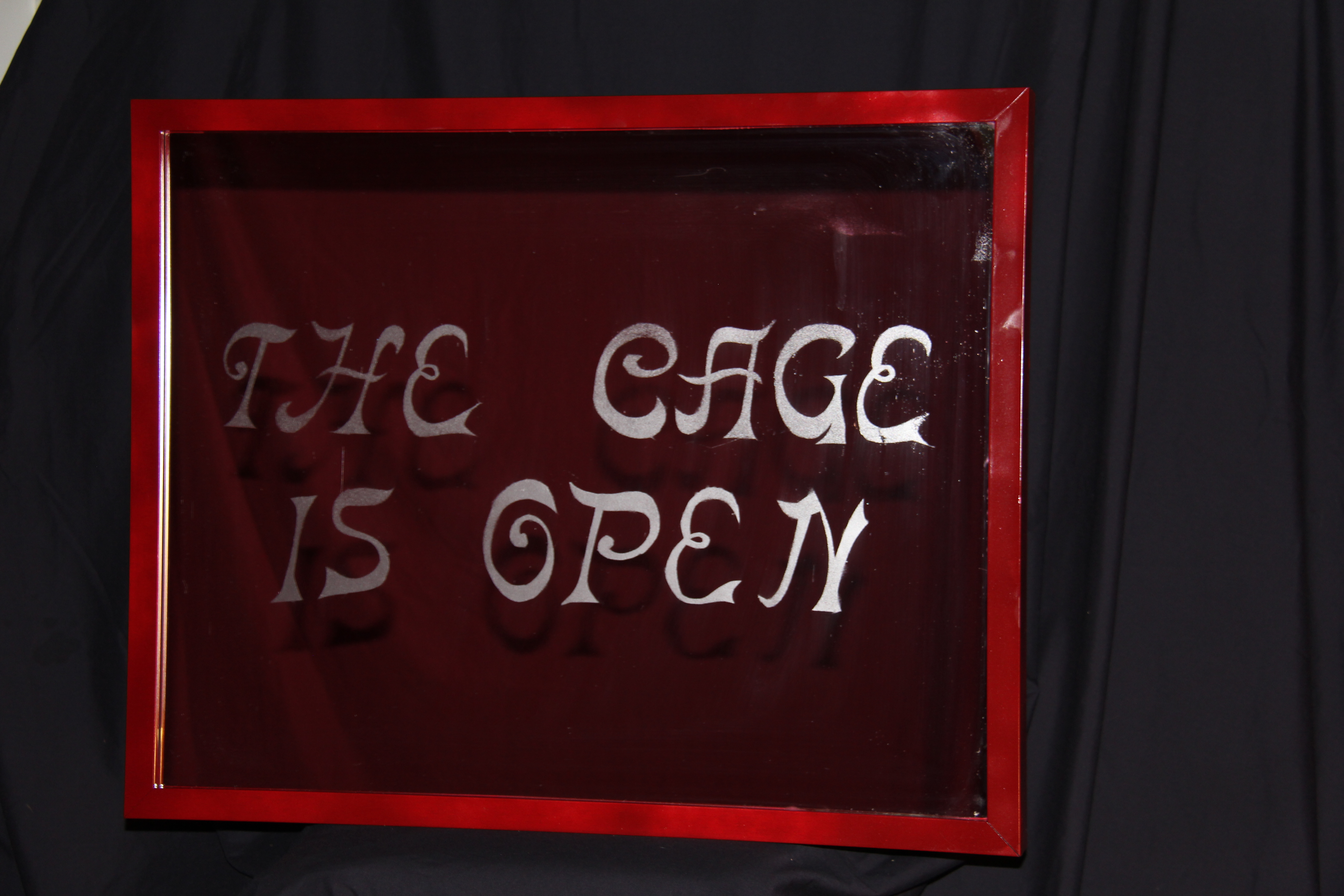 Framed sign on glass with the words The Cage is Open