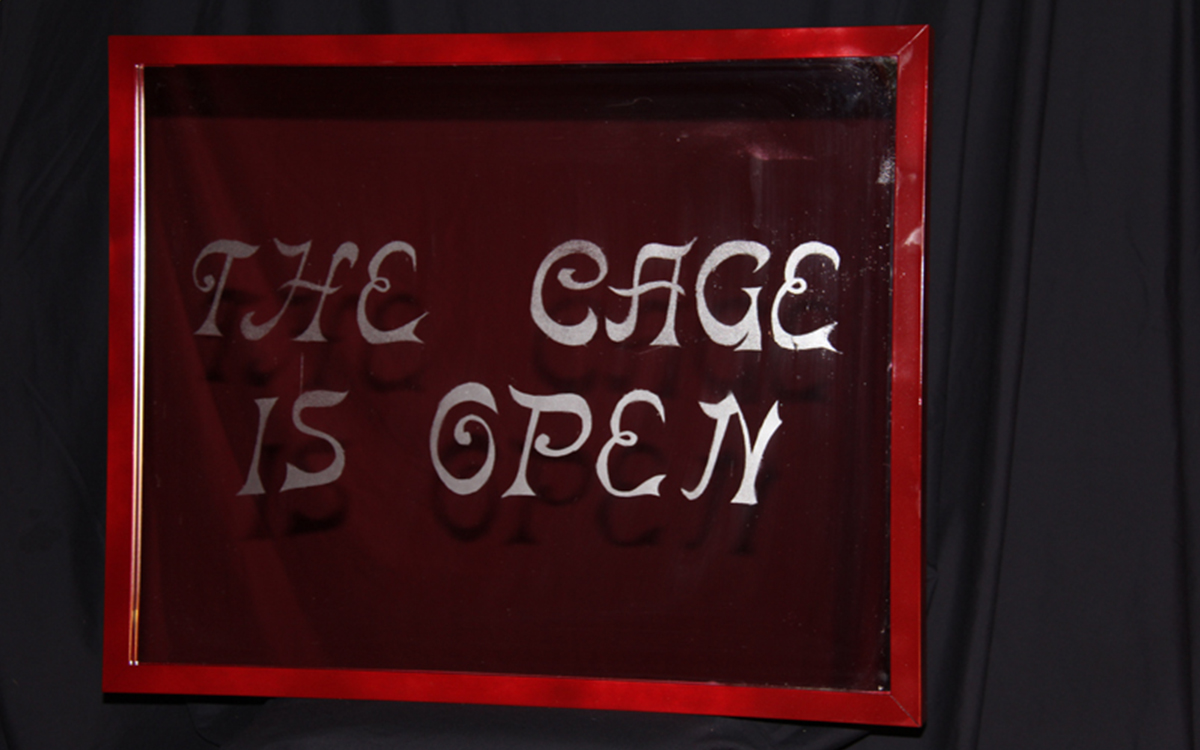 Framed sign on glass with the words The Cage is Open