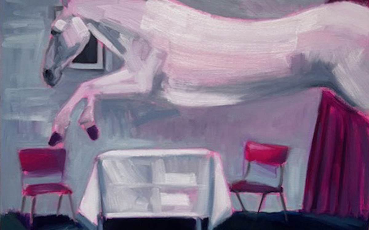 White horse floating above furniture.