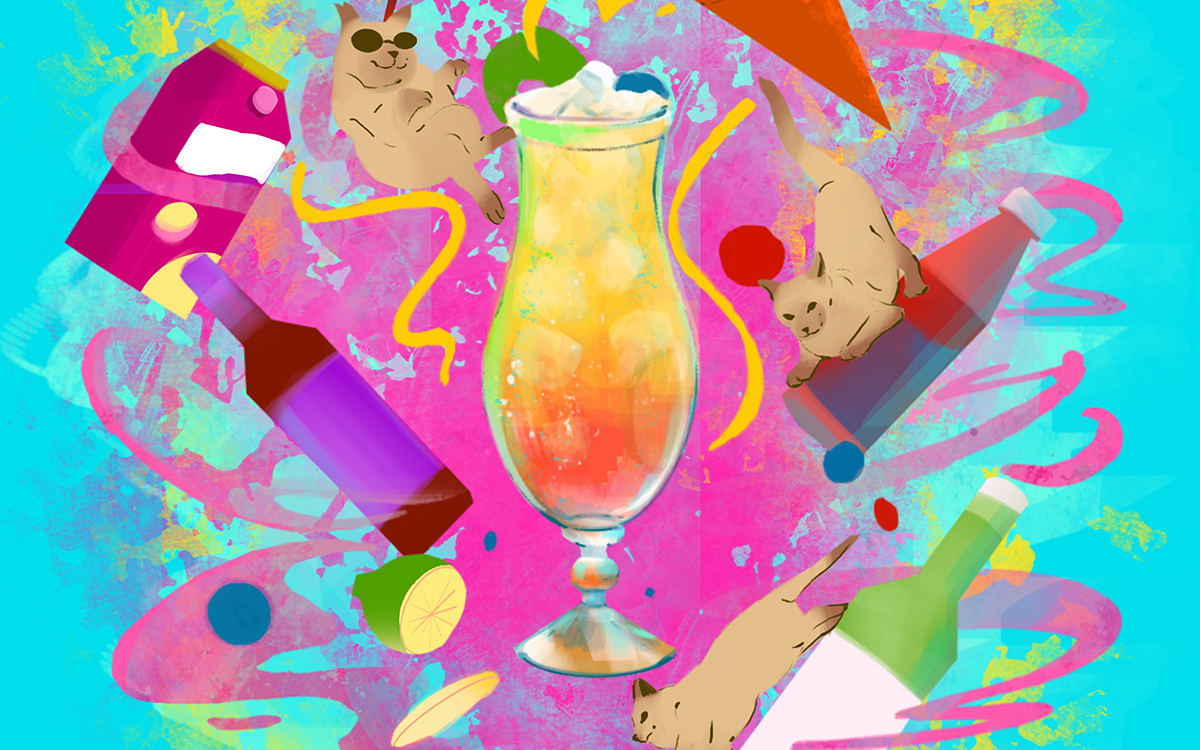 Brightly colored tropical drinks with three cats.
