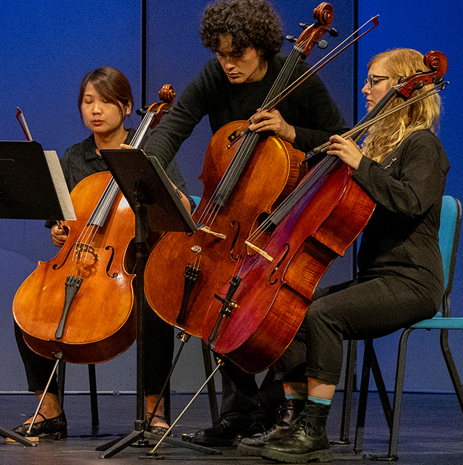 Three musicians performing with string instruments.