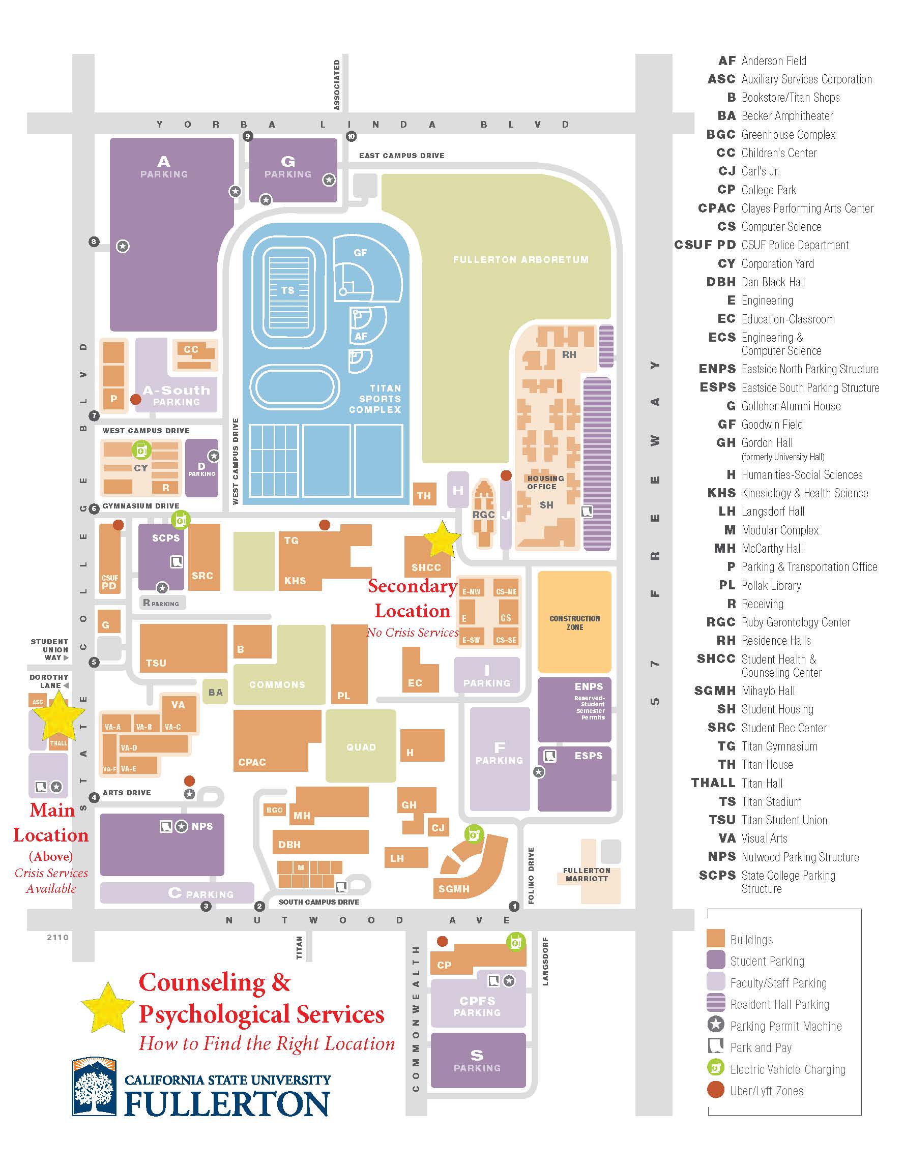 CSUF Campus Map with CAPS Locations Marked by a Star