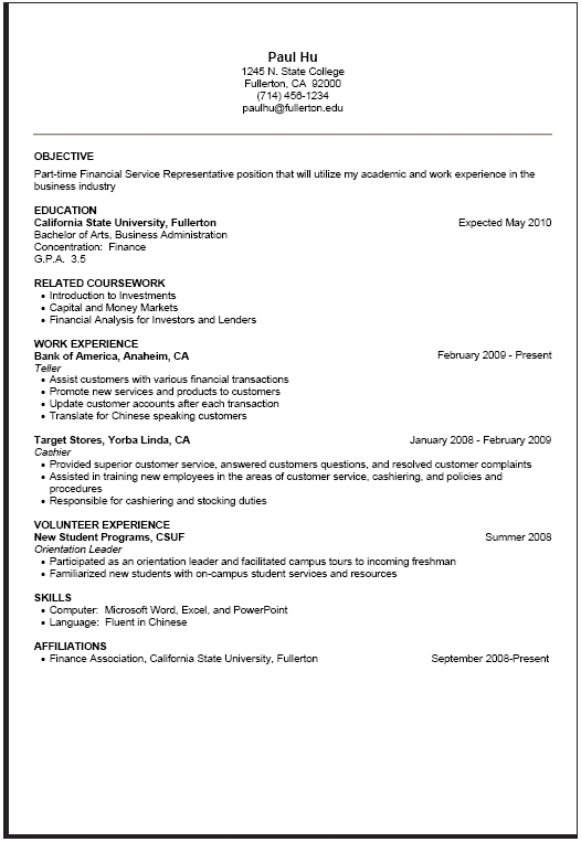 Part-Time Resume Sample - Career Center | CSUF