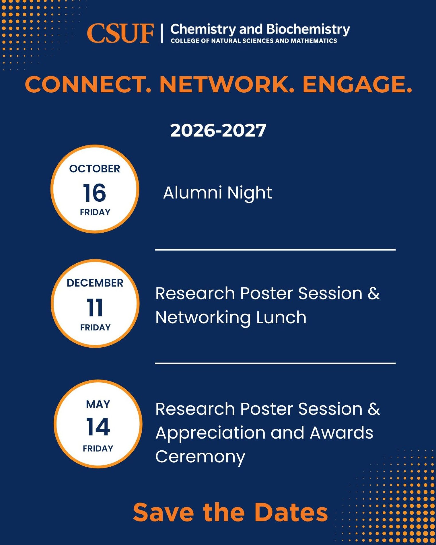 A flyer advertising three upcoming department events