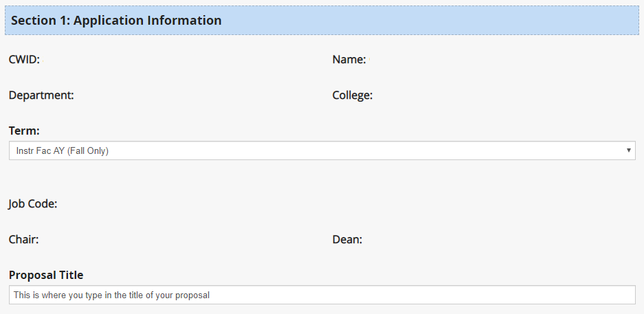 screen shot of application information section of form