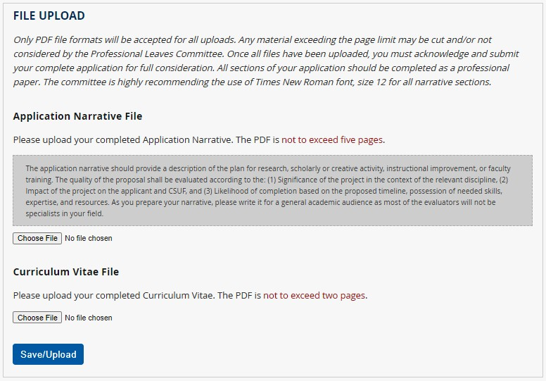 screen shot of file upload section of application