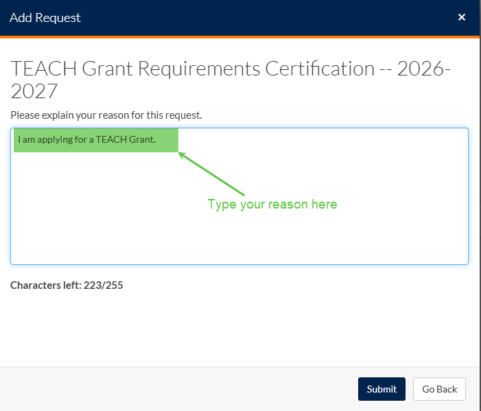 TEACH Grant add request